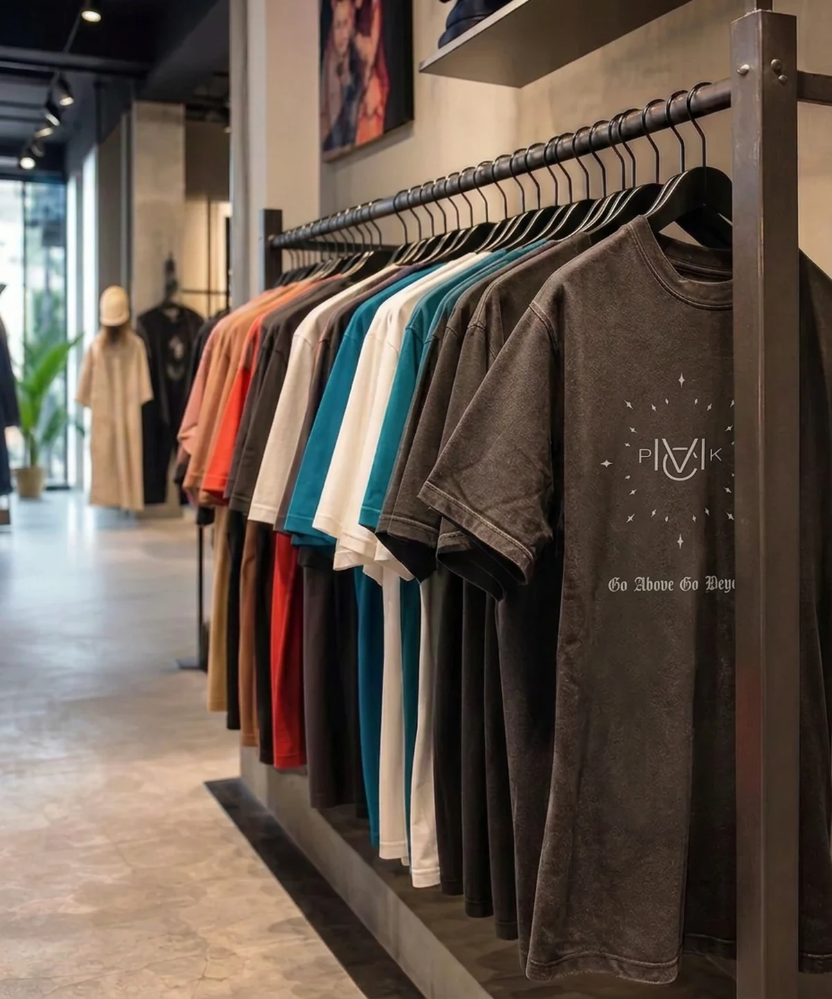 Rack of graphic tees inside a streetwear store