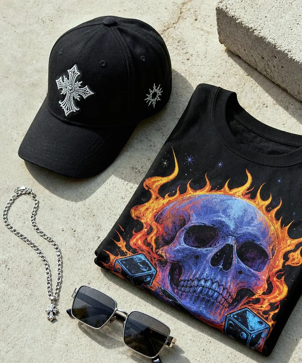 Limited edition graphic tee folded with a cap, chain and sunglasses