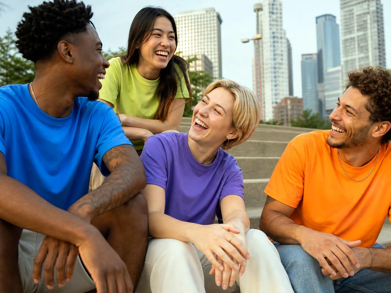 Friends in bright color tees hanging out on city steps